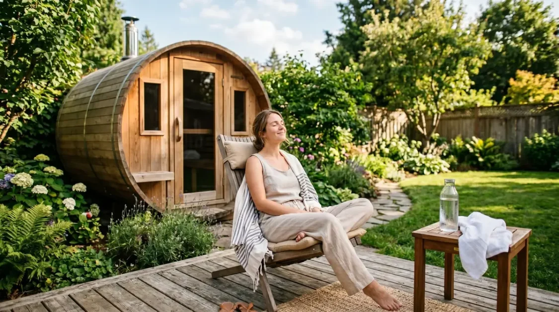 Can You Use a Sauna in Hot Weather? Safety Tips for Summer Sauna Sessions 2 Woman sitting on a chair outside near a wooden barrel-shaped sauna with greenery