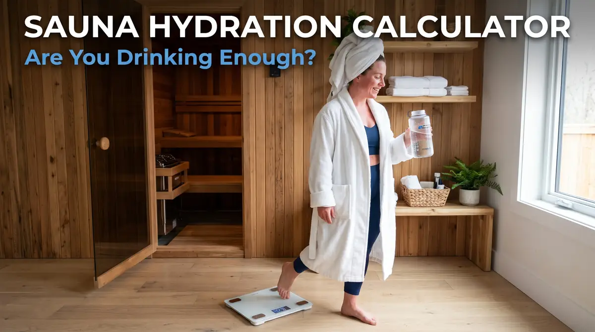 Sauna Hydration Calculator: Estimate Water Loss & Recovery 1 Woman in white robe stepping off a white digital scale holding a water bottle near a wooden sauna