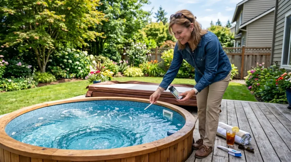 Woman testing hot tub water with a strip in a backyard garden
