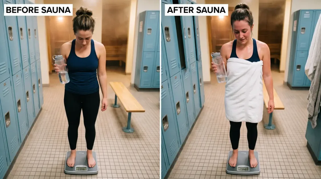 Sauna Hydration Calculator: Estimate Water Loss & Recovery 2 Woman standing barefoot on a scale holding a water bottle in a locker room before and after sauna