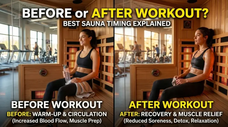 Infrared Sauna Before or After Workout: Which Is Better? 1 Two women sitting in a sauna, one appearing relaxed and holding a water bottle, the other sweaty and resting after workout