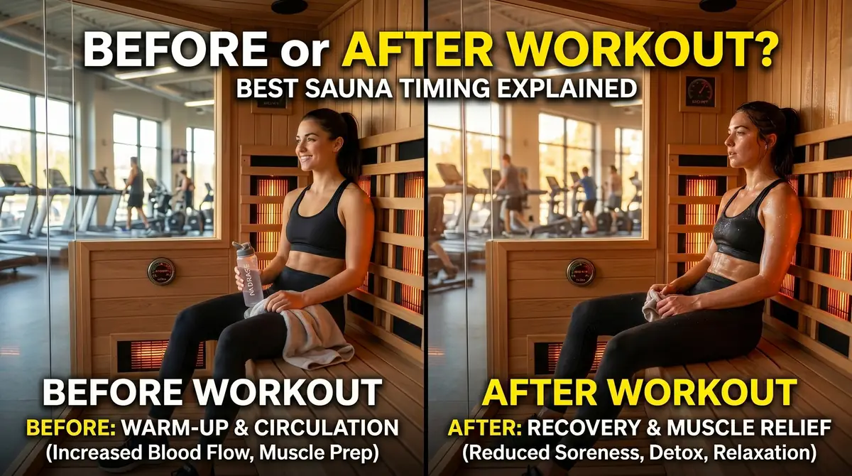 Infrared Sauna Before or After Workout: Which Is Better? 1 Two women sitting in a sauna, one appearing relaxed and holding a water bottle, the other sweaty and resting after workout