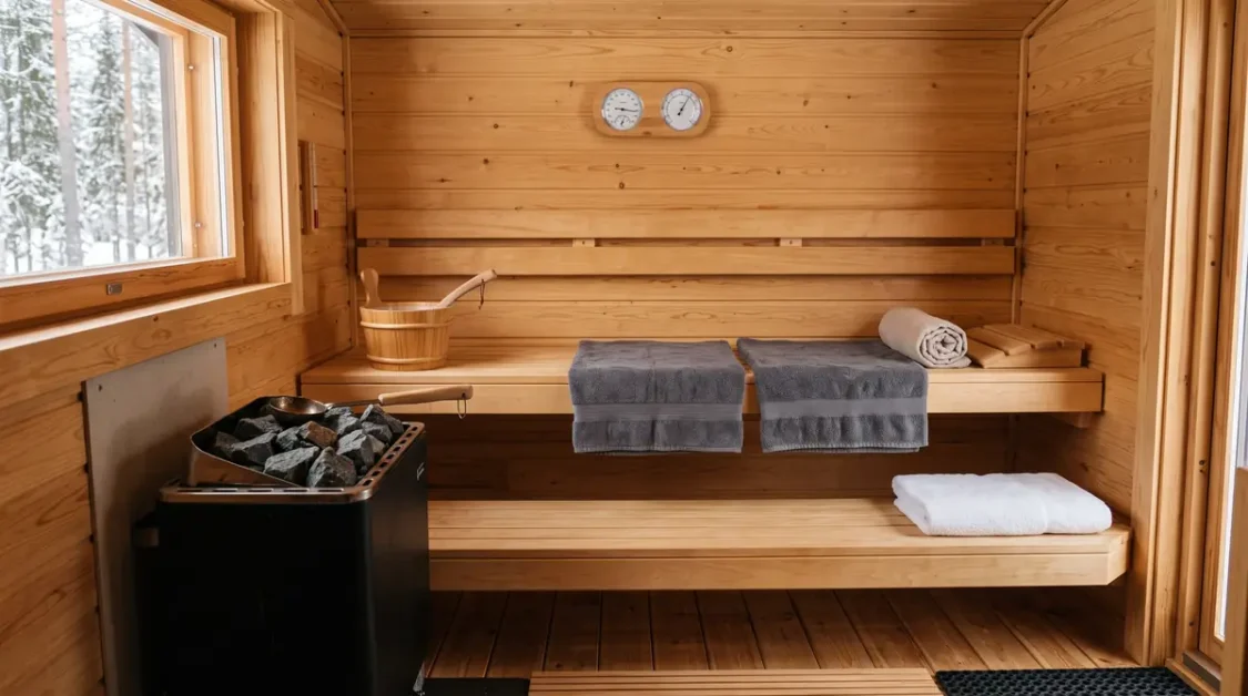 Bright wooden sauna interior with gray towels, a white towel, a sauna bucket, and a heater with stones
