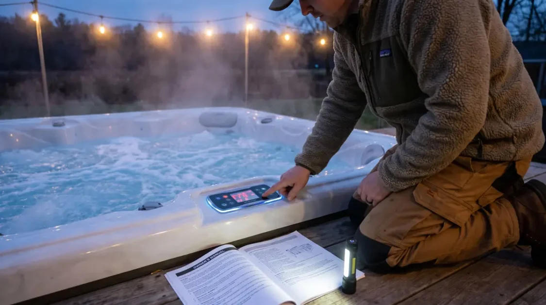 Person using hot tub control panel next to steaming hot tub with open manual on deck