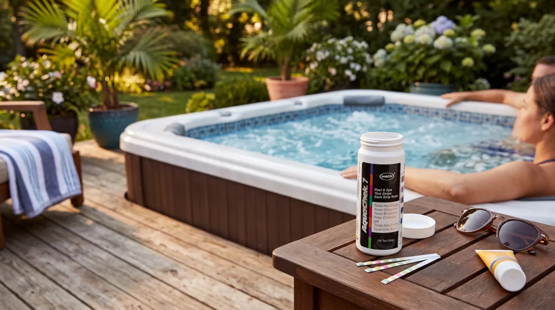 A home owner using AquaChek Spa 7-Way Test Strips.