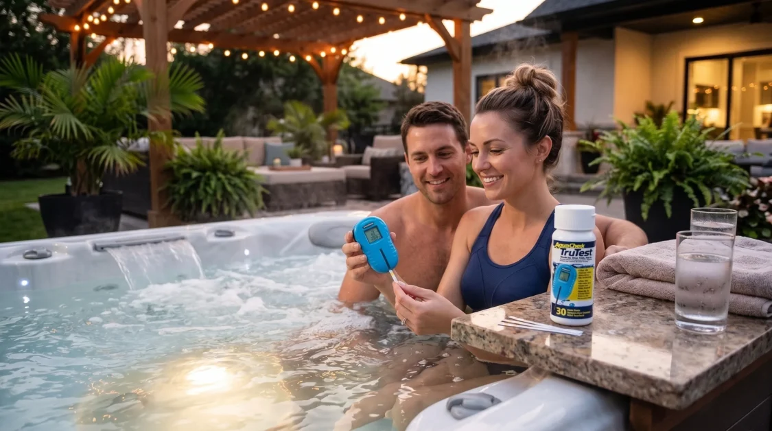 couple in a happy mode checking hot tub water with AquaChek TruTest Digital System.