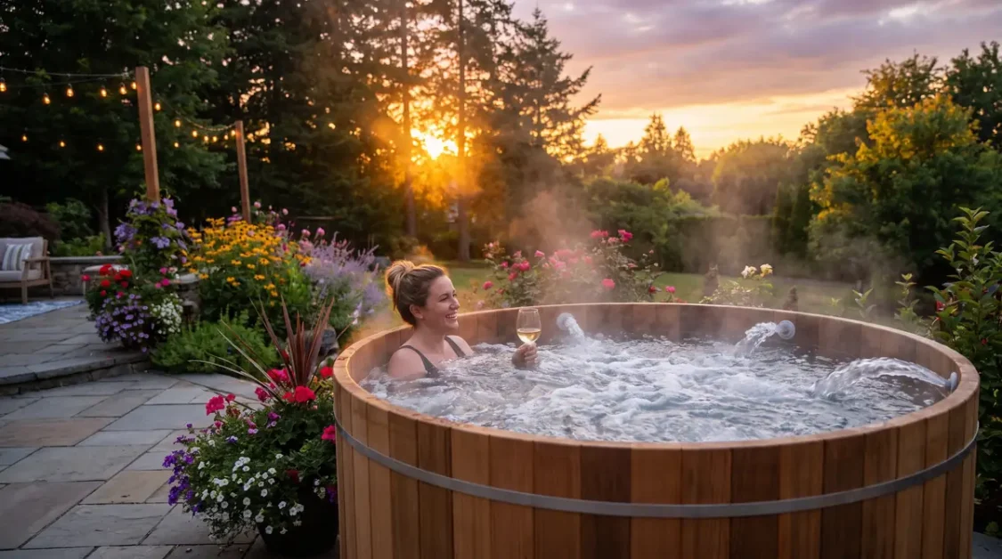 The Benefits of Hot Tub Therapy: Pain Relief, Better Sleep & Safe Use 2 Smiling woman relaxing in outdoor hot tub with glass of wine during sunset