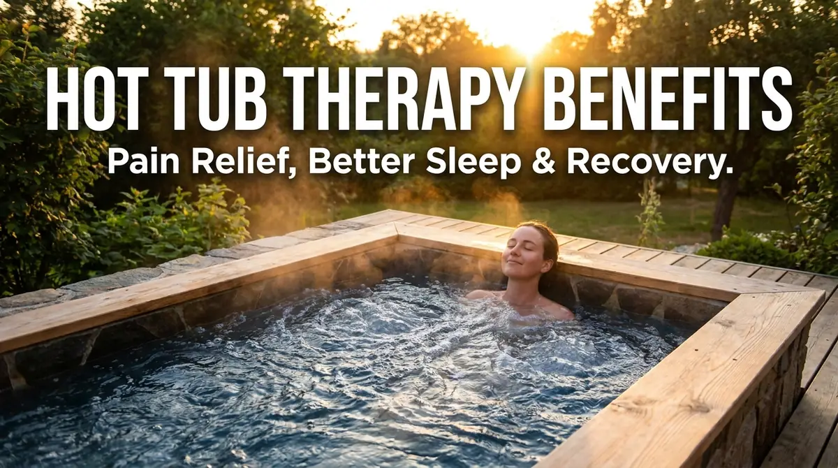 The Benefits of Hot Tub Therapy: Pain Relief, Better Sleep & Safe Use 1 A woman enjoying relaxing in a steaming outdoor hot tub surrounded by wooden edges and greenery