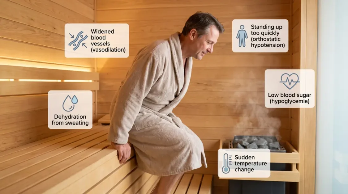 Feeling Dizzy After Sauna? Here's What Your Body Is Telling You 2 Man in a beige robe sitting on a wooden sauna bench with icons showing causes of dizziness in a sauna