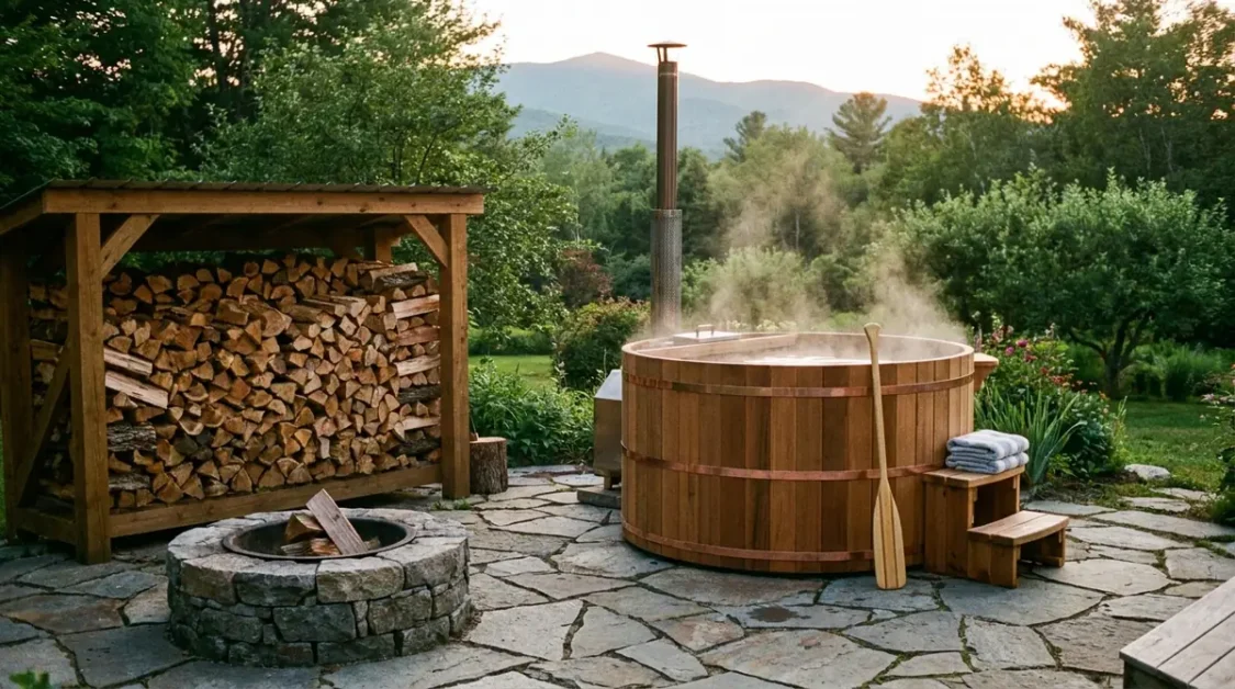 How to Build a Wood-Fired Hot Tub 2 A finished cedar wood-fired hot tub on a stone patio with neatly stacked firewood nearby.