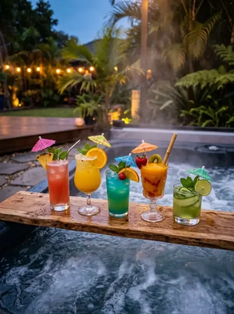 Party Drinks for Your Hot Tub: 20 Refreshing Ideas for Every Gathering 3 Five colorful party drinks with fruit garnishes on wooden tray over hot tub water