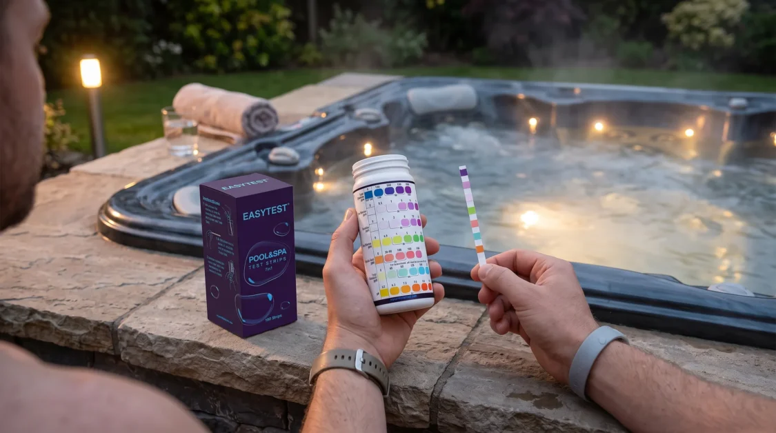 couple checking hot tub water with EASYTEST 7-Way Test Strips.
