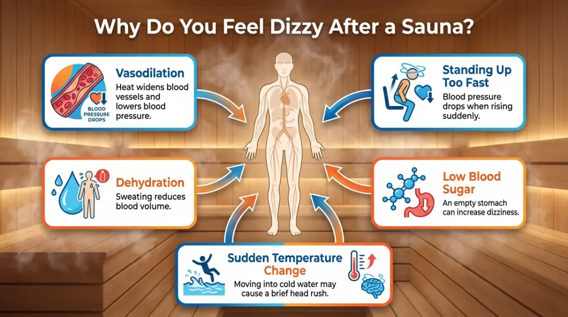 Feeling Dizzy After Sauna? Here's What Your Body Is Telling You 3 Infographic showing reasons for feeling dizzy after a sauna with human body and icons