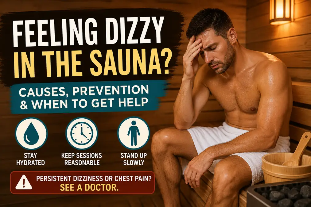 Feeling Dizzy After Sauna? Here's What Your Body Is Telling You 1 Man holding his head looking dizzy while sitting in a wooden sauna