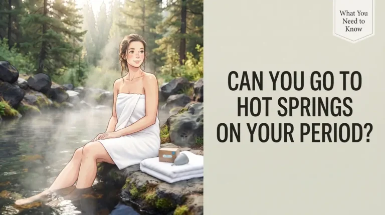 Young woman wrapped in a towel sitting by a steaming hot spring in a forest setting