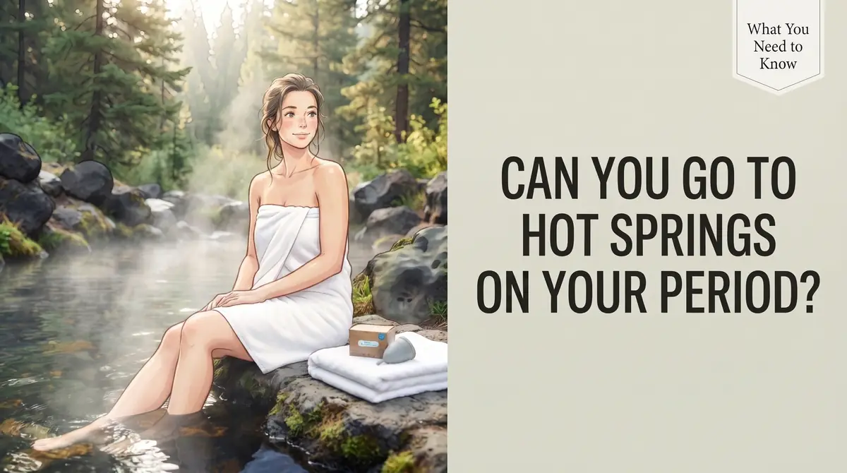 Young woman wrapped in a towel sitting by a steaming hot spring in a forest setting