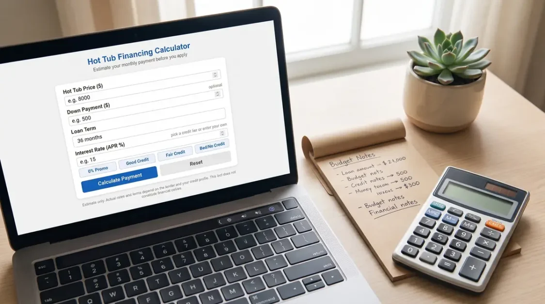 Hot Tub Financing Calculator: Estimate Your Payment 1 Laptop showing a Hot Tub Financing Calculator next to a notepad with budget notes and a calculator