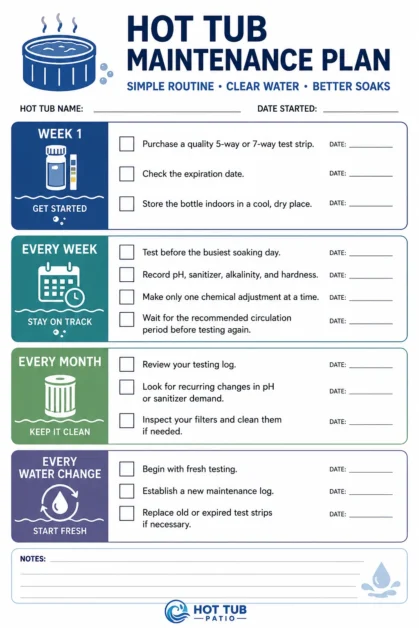 A free downloadable file Hot tub maintenance plan checklist.