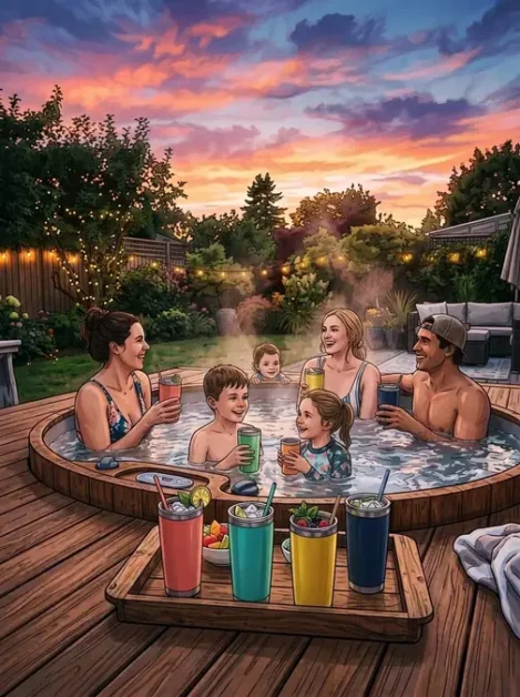Party Drinks for Your Hot Tub: 20 Refreshing Ideas for Every Gathering 2 Five people relaxing in a hot tub with colorful drinks at sunset in a backyard