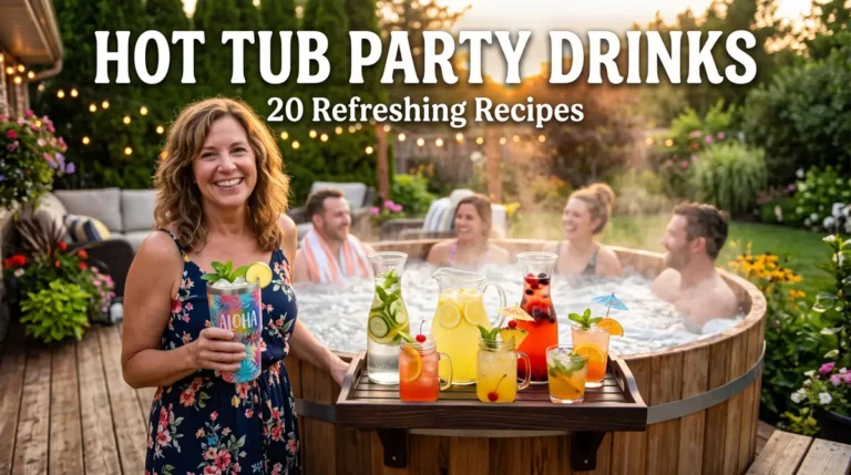 Party Drinks for Your Hot Tub: 20 Refreshing Ideas for Every Gathering 4 Smiling woman holding tropical drink by a hot tub with people and colorful drinks on a tray