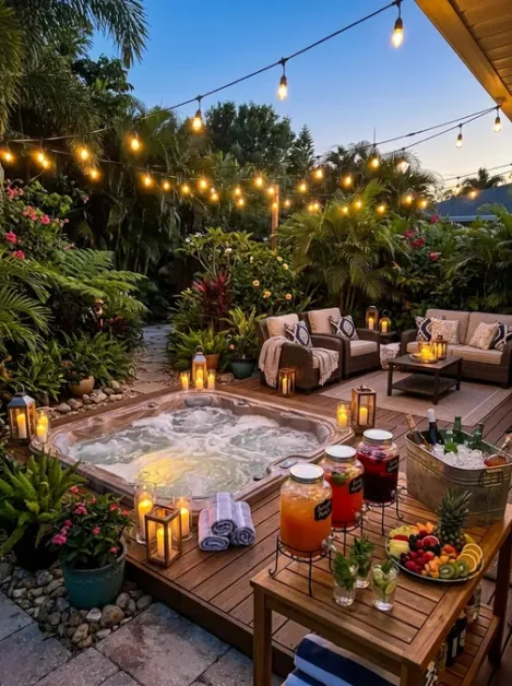 Party Drinks for Your Hot Tub: 20 Refreshing Ideas for Every Gathering 5 Cozy outdoor hot tub area with string lights, candles, seating, and a table with party drinks and fruit
