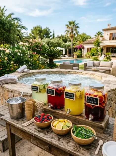 Party Drinks for Your Hot Tub: 20 Refreshing Ideas for Every Gathering 7 Four large jars of infused drinks and bowls of fruit on a wooden table by a hot tub outdoors