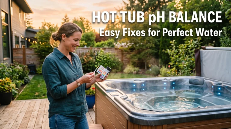 Homeowner testing hot tub pH with a water test strip beside a backyard spa with the title "Hot Tub pH Balance.