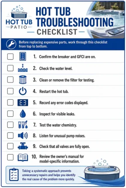 Checklist with ten steps for hot tub troubleshooting with icons and a hot tub image