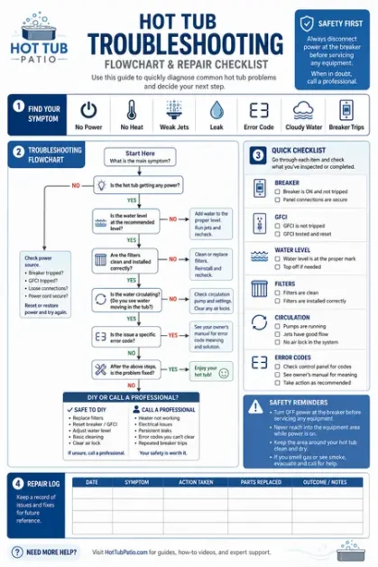Flowchart and checklist for troubleshooting hot tub problems including symptoms, quick checklist, and repair log