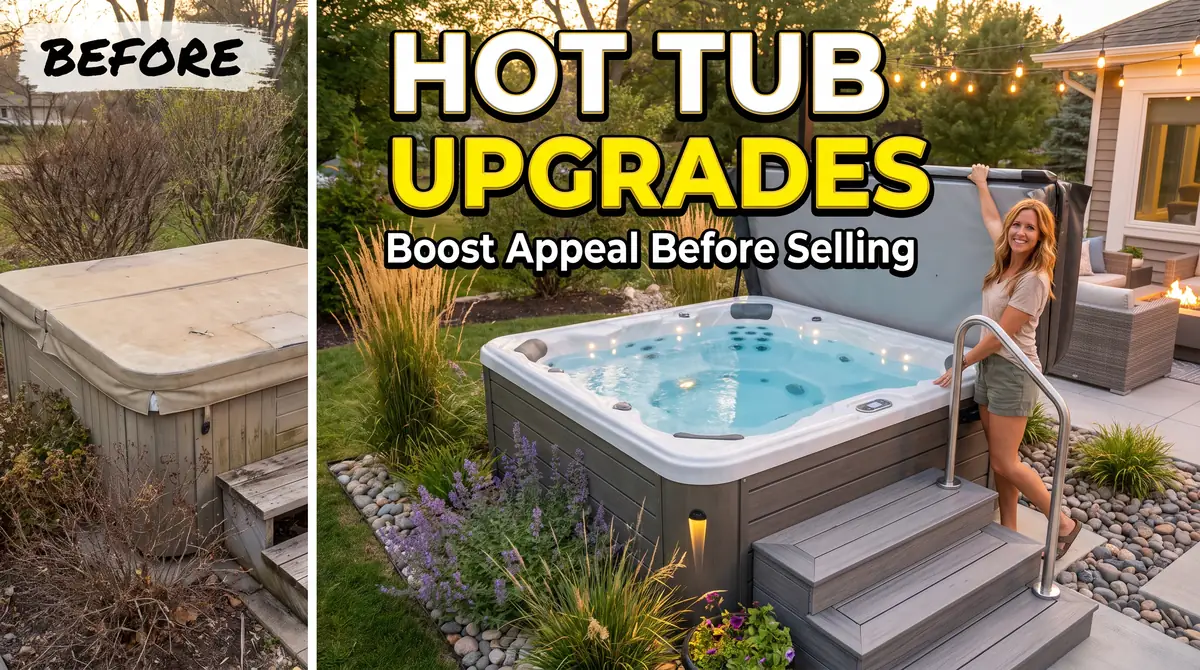 Hot Tub Upgrades to Boost Appeal: 12 Improvements Buyers and Guests Notice First 1 Side by side comparison of an old covered hot tub and an upgraded modern hot tub with steps and a woman smiling