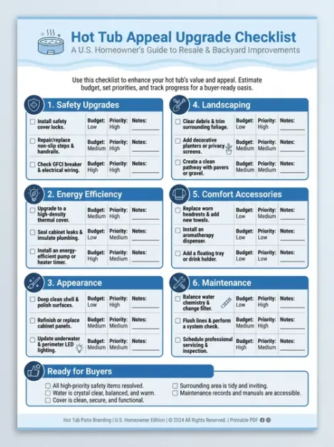 Hot Tub Upgrades to Boost Appeal: 12 Improvements Buyers and Guests Notice First 3 Checklist for hot tub appeal upgrades including safety, energy, appearance, landscaping, comfort, and maintenance tasks