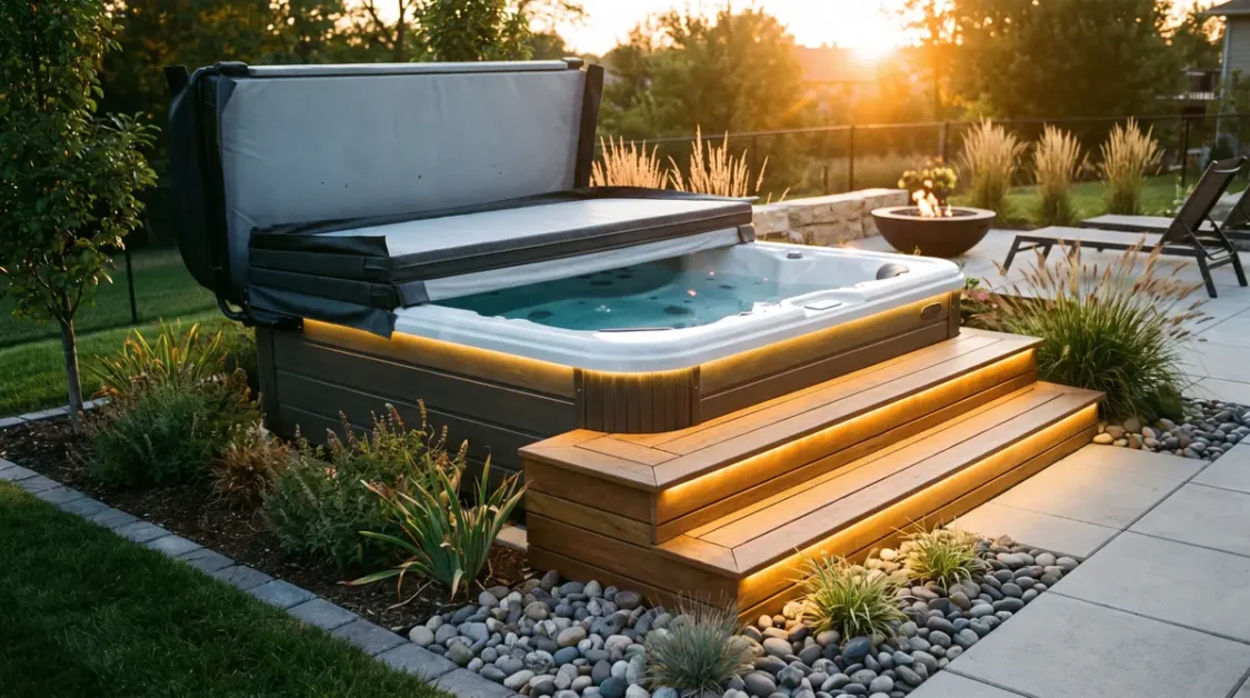 Hot Tub Upgrades to Boost Appeal: 12 Improvements Buyers and Guests Notice First 2 Hot tub with wooden steps featuring built-in LED lighting and cover partially open