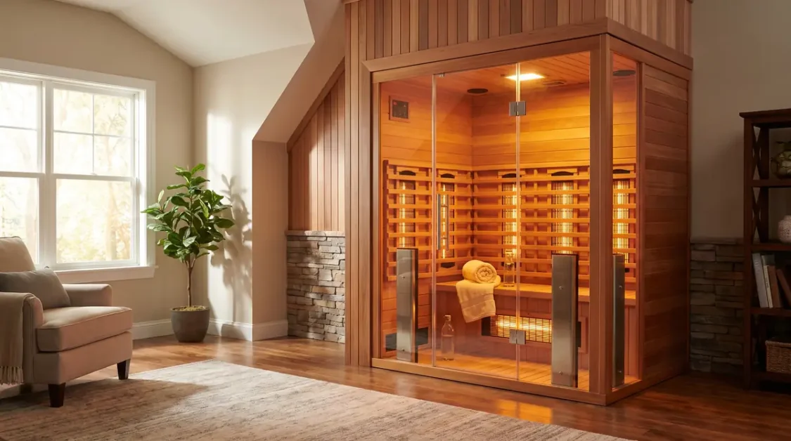 Wooden indoor infrared sauna cabin with glass doors in a warm, cozy living room