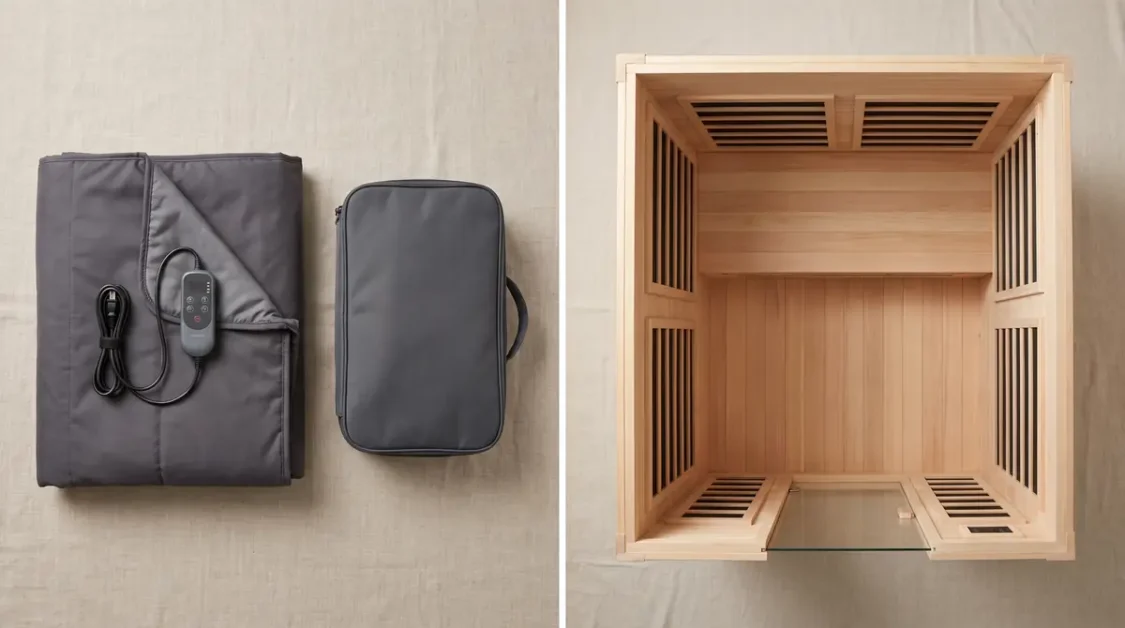 Folded gray portable infrared sauna with remote control and a gray bag next to a small wooden sauna cabin interior