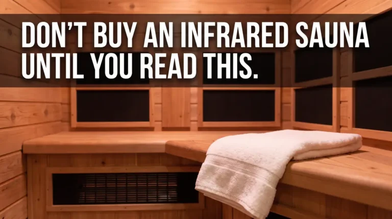 Interior of an infrared sauna with wooden benches and a white towel