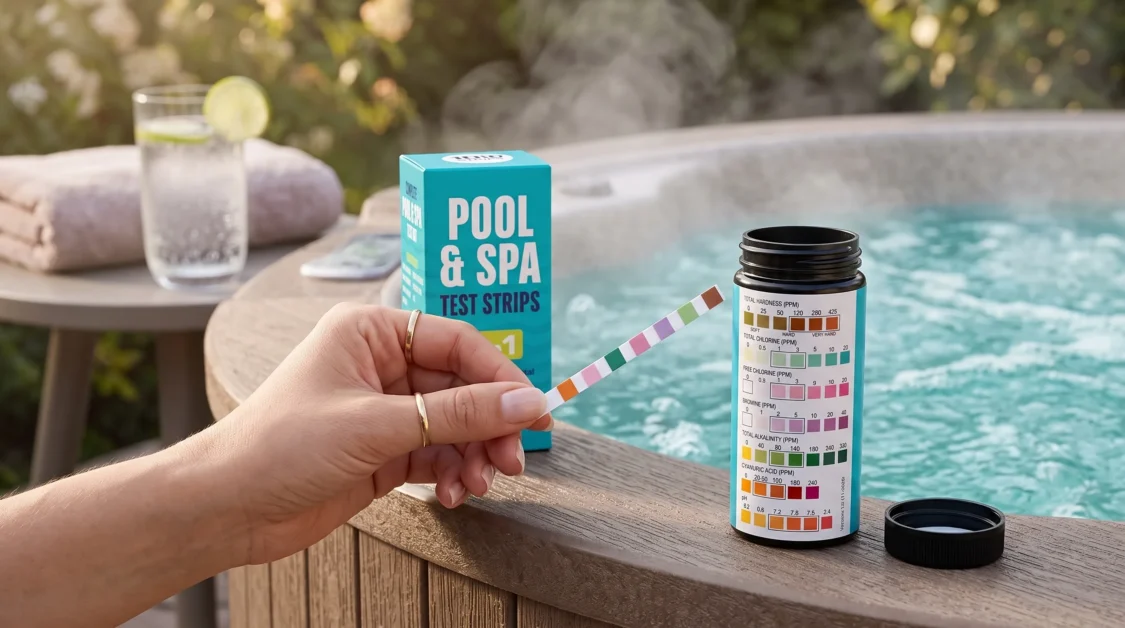 A hot tub owner using JNW Direct Spa Test Strips.