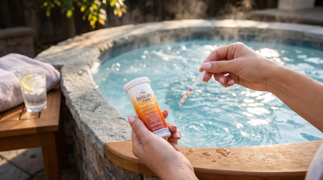 A person checking hot tub with a Leisure Time Spa Test Strips.