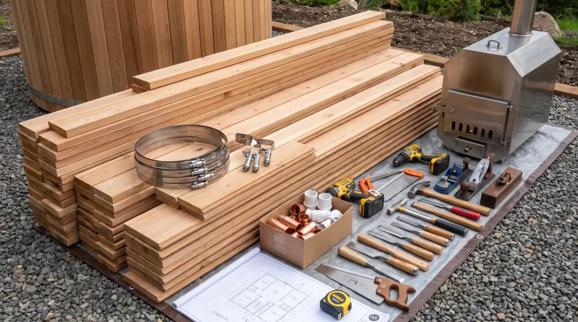 How to Build a Wood-Fired Hot Tub 3 All required lumber, stainless steel bands, heater, plumbing fittings, and woodworking tools neatly arranged before construction begins.
