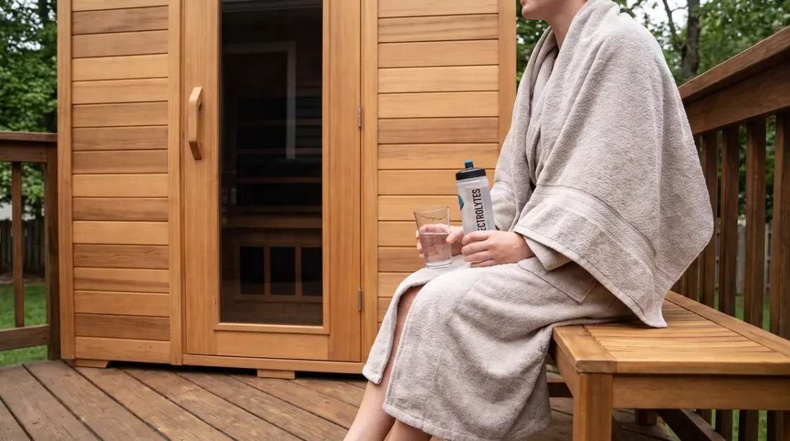 Sauna and Electrolytes Guide: Hydration Before & After 2 Person wrapped in beige towel sitting on wooden bench holding water glass and electrolyte bottle near outdoor wooden sauna