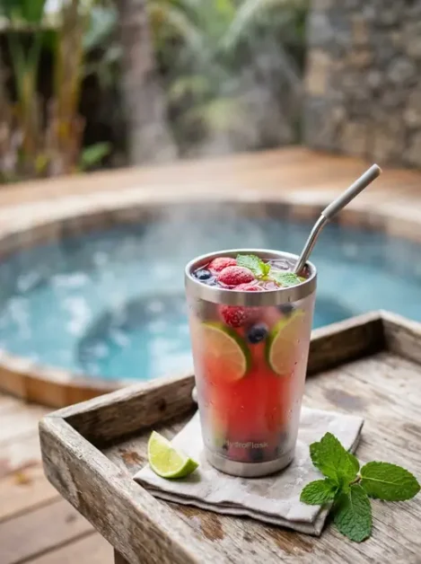 Party Drinks for Your Hot Tub: 20 Refreshing Ideas for Every Gathering 6 Cold drink with lime, berries, and mint by a bubbling hot tub