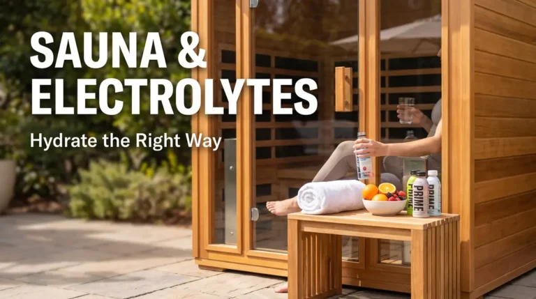 Sauna and Electrolytes Guide: Hydration Before & After 7 Person sitting inside a wooden sauna holding a glass of water with fruits and electrolyte drinks outside