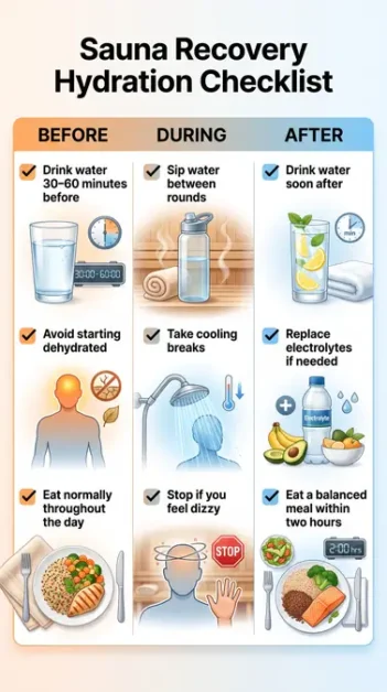 Sauna and Electrolytes Guide: Hydration Before & After 4 Infographic checklist showing hydration and electrolyte tips before, during, and after sauna use
