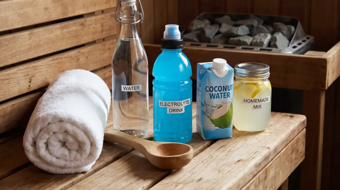 Sauna and Electrolytes Guide: Hydration Before & After 3 Various hydration drinks and a rolled towel placed on a wooden bench in a sauna