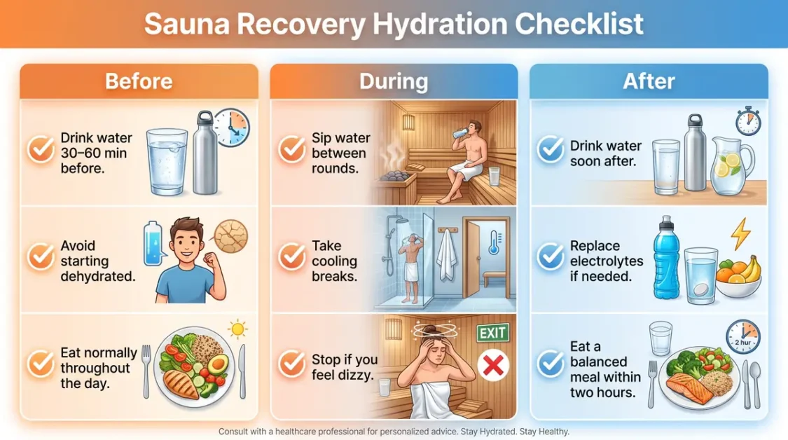 Sauna and Electrolytes Guide: Hydration Before & After 5 Checklist of hydration tips for sauna recovery with illustrations before, during, and after sessions