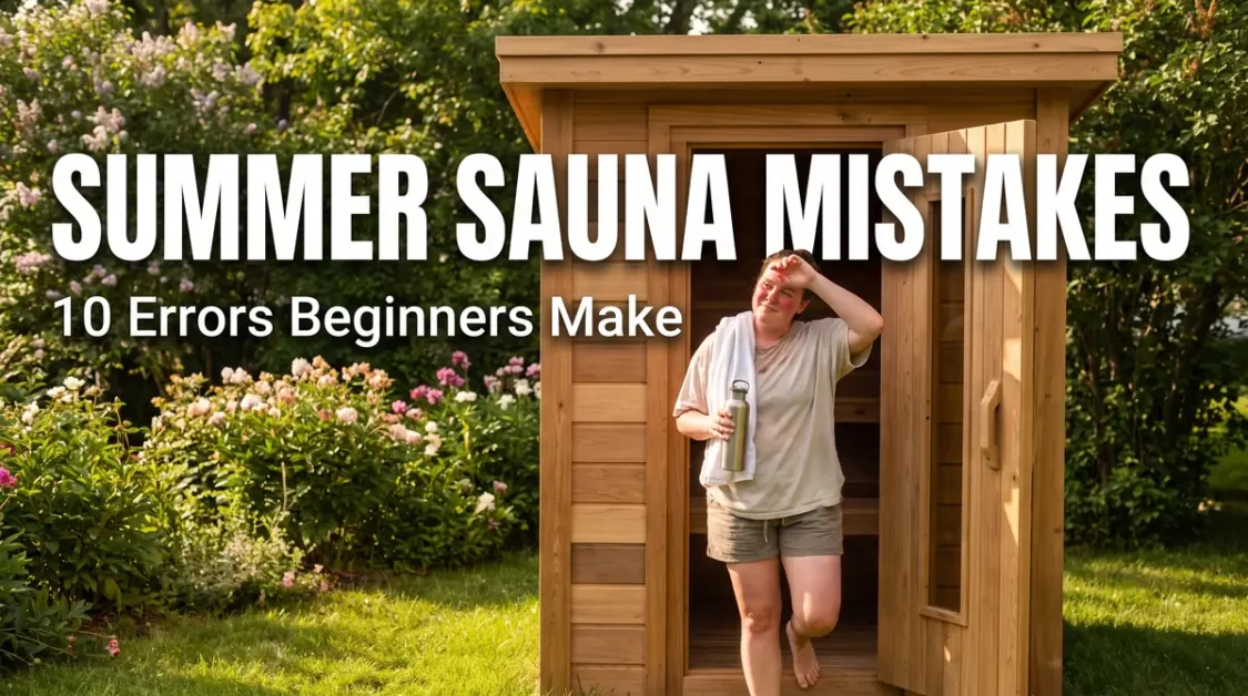 Woman stepping out of a wooden sauna holding a water bottle with a towel over her shoulder