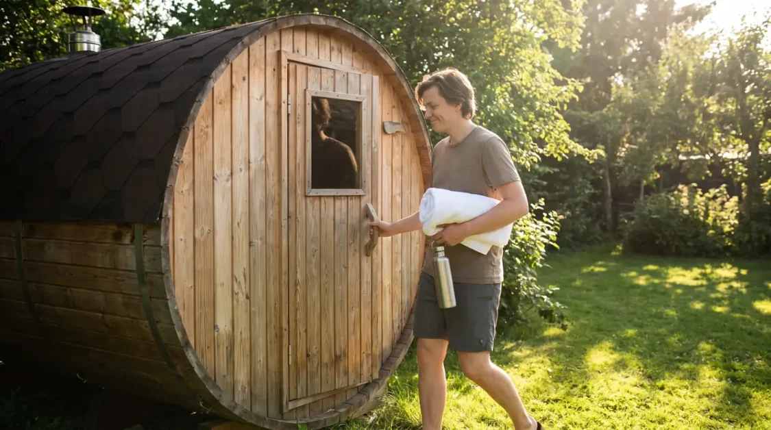 Summer Sauna Mistakes Beginners Make (And How to Avoid Them) 2 Man holding towel and water bottle about to enter outdoor wooden barrel sauna