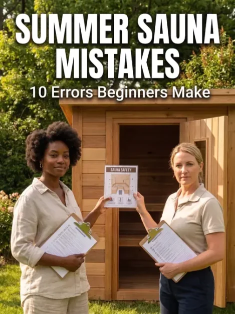 Summer Sauna Mistakes Beginners Make (And How to Avoid Them) 3 Two women standing outside a wooden sauna holding clipboards with sauna safety information