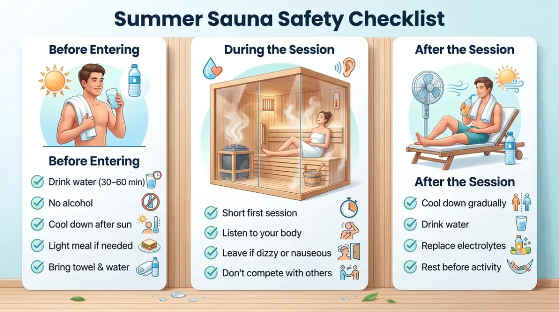 Summer Sauna Mistakes Beginners Make (And How to Avoid Them) 4 Infographic of summer sauna safety checklist showing tips before, during, and after sauna use