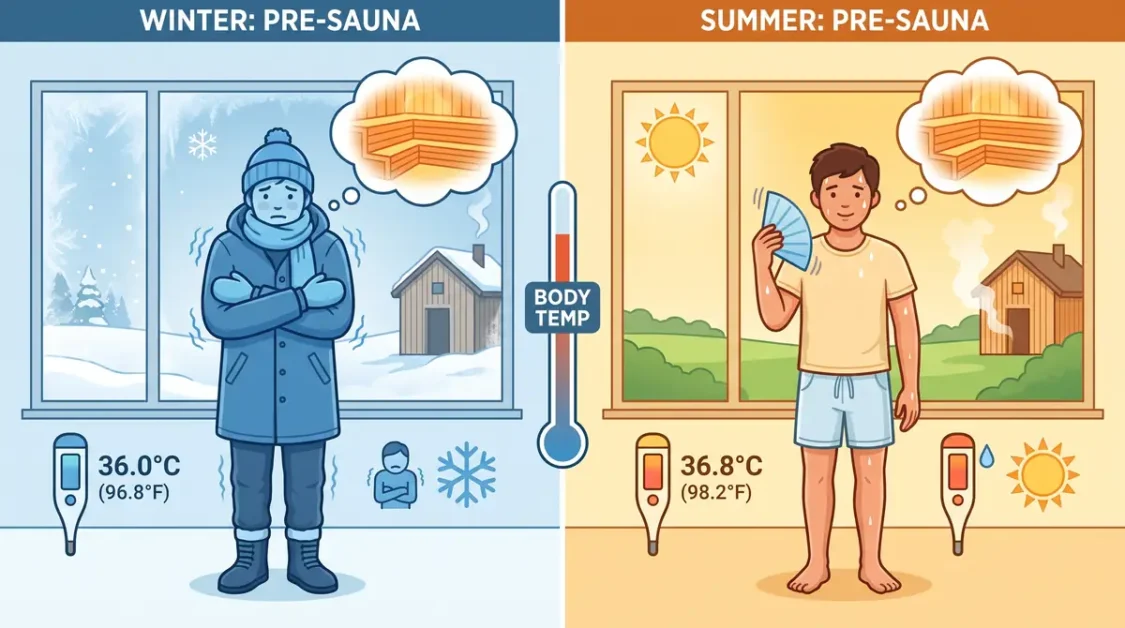 Summer Sauna Mistakes Beginners Make (And How to Avoid Them) 5 Illustration showing a person cold in winter at 36.0°C and a person warm in summer at 36.8°C before sauna