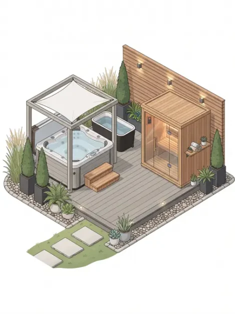 The Wellness Hut: How to Build the Ultimate Backyard Spa Retreat in 4 Small backyard spa area with a wooden sauna, covered hot tub, plants, and stone pathway